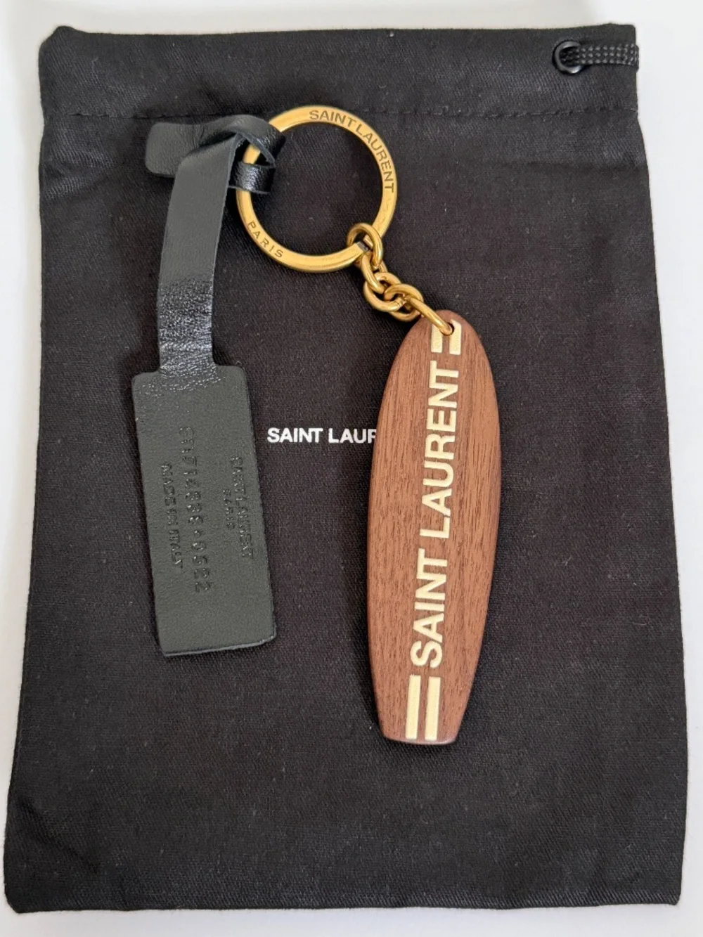 Saint Laurent YSL Surf Surfboard Logo Stripe Wood Charm Keychain Key Ring Fob